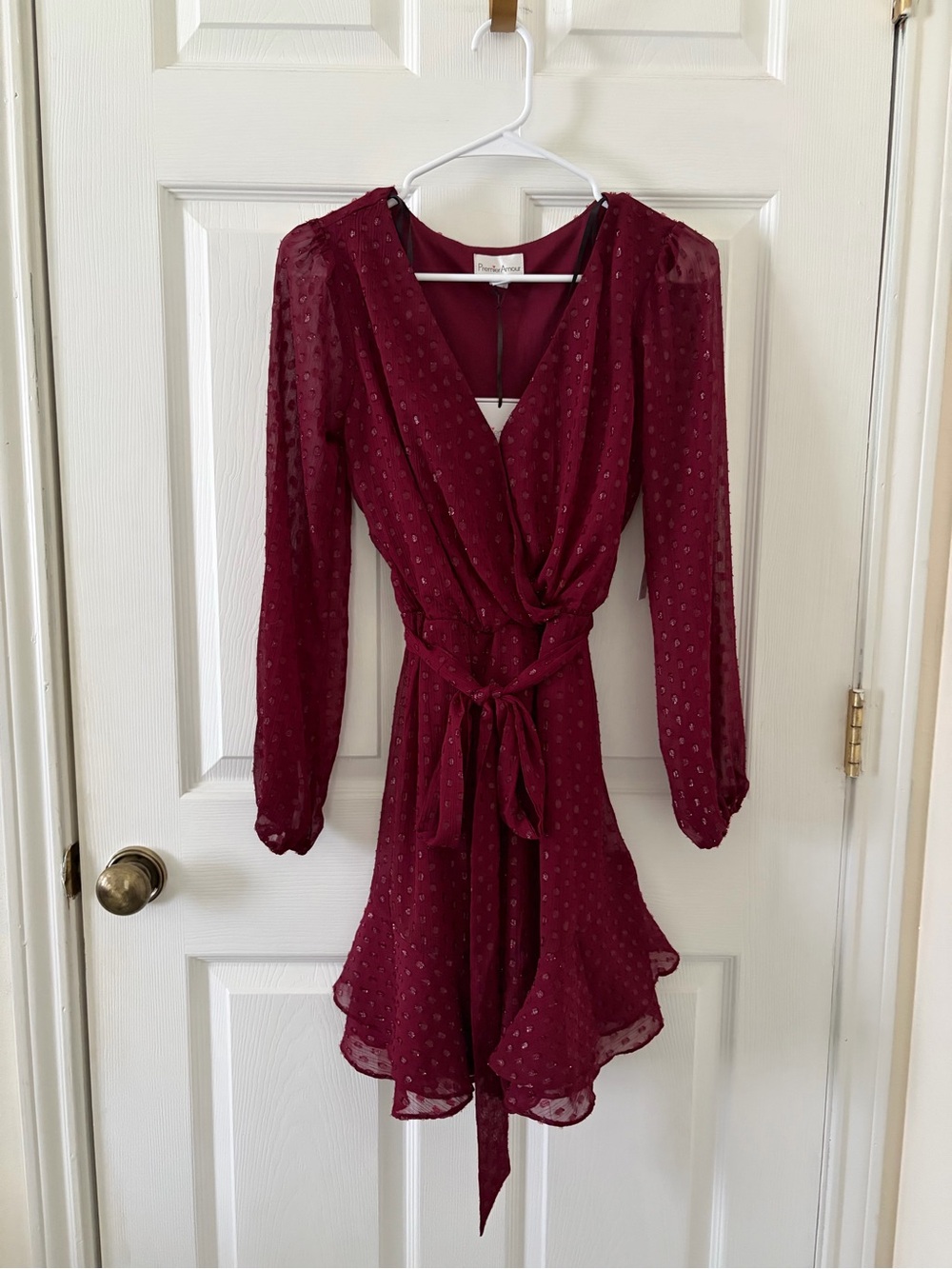 Premier Armour Wine Long-Sleeve Wrap Dress with Tie Waist
